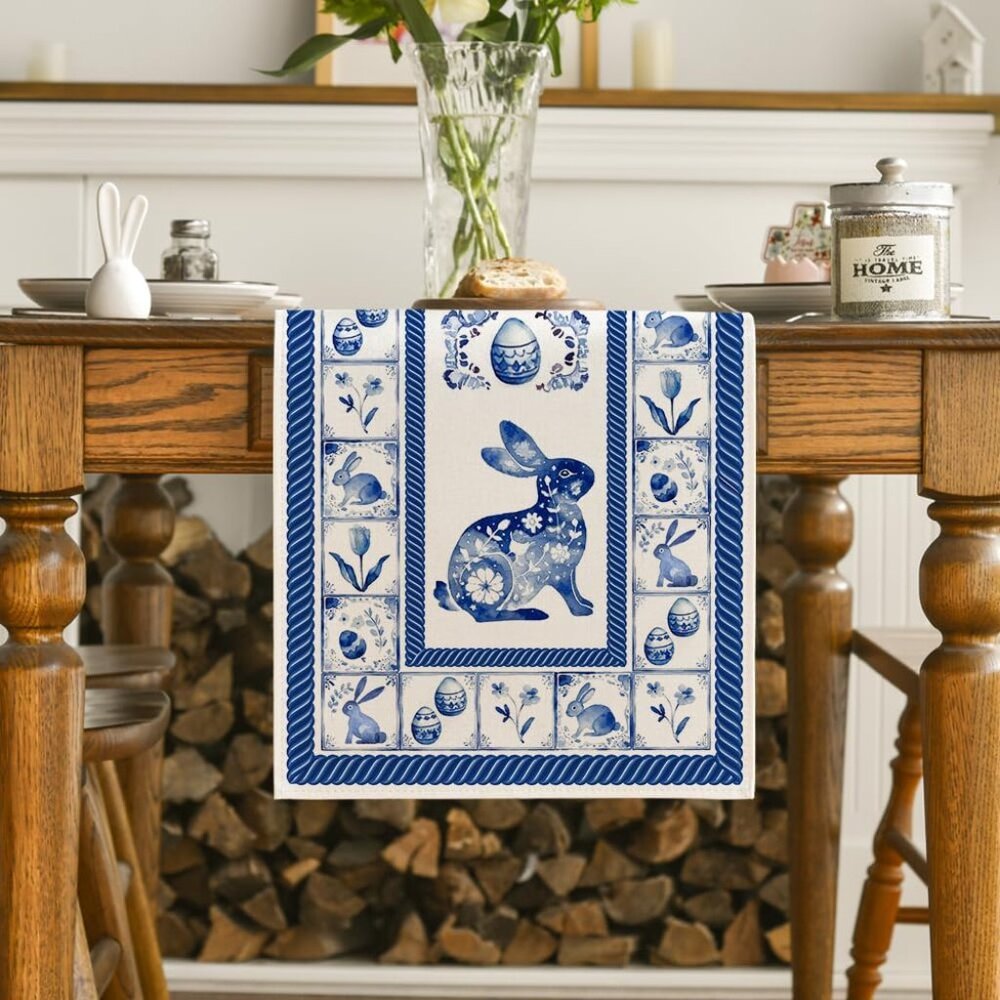 Blue & White Easter Table Runner 13" x 72" Farmhouse Rabbit